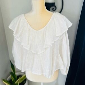 FREE PEOPLE Zuri Ruffle Blouse, Cut Out Back, Summer Boho, Ivory, Small 4/6, NWT